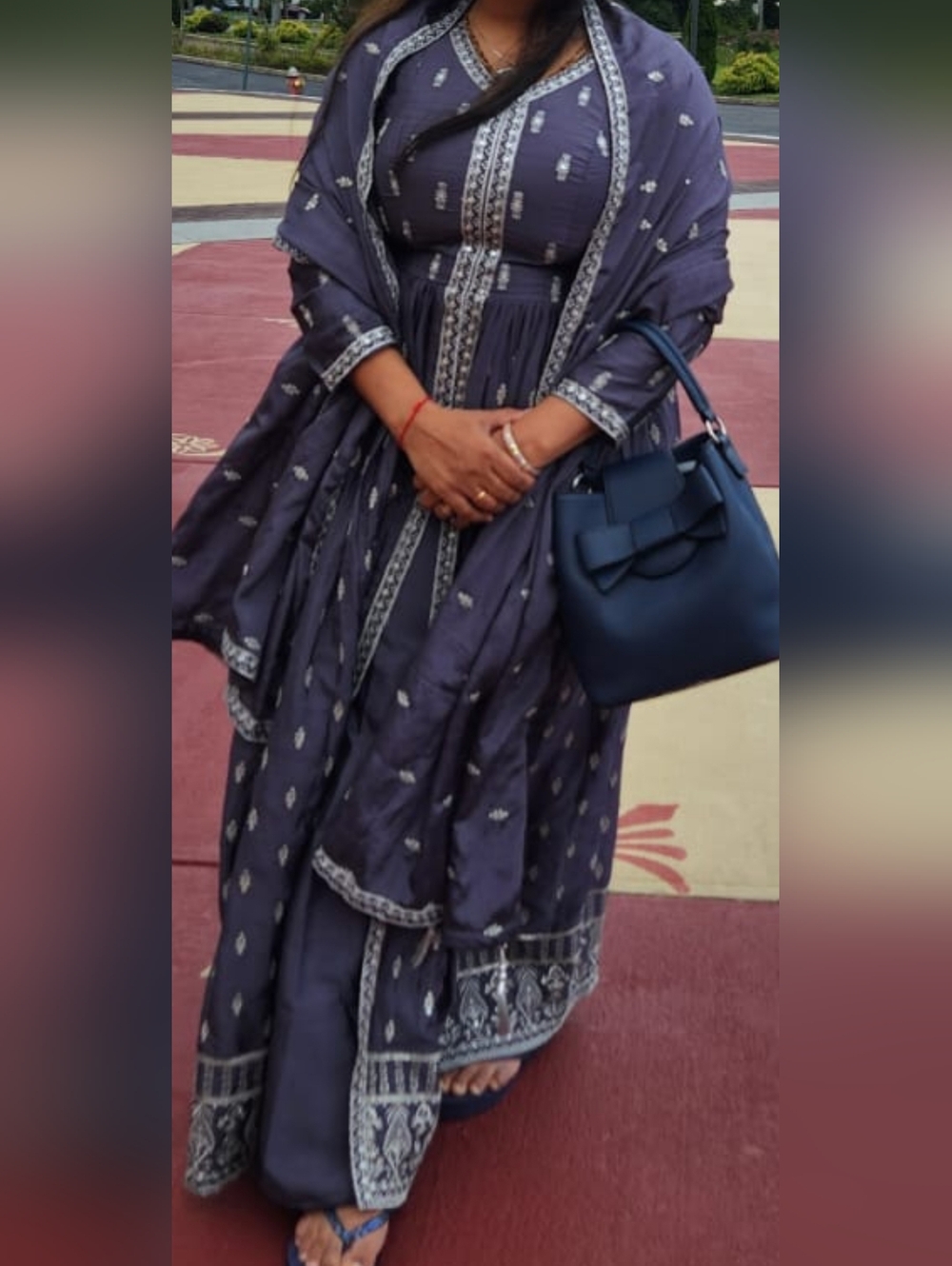 Navy Blue Embroidered Ethnic Dress with Matching Scarf